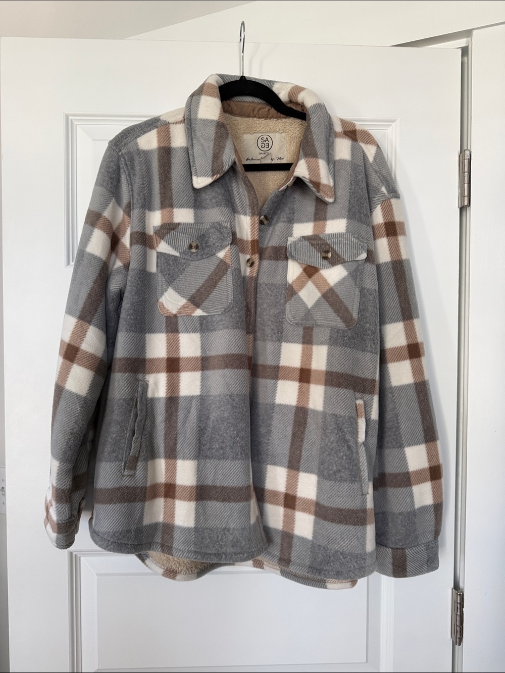 Sage Plaid Fleece Shacket in Gray, White & Brown